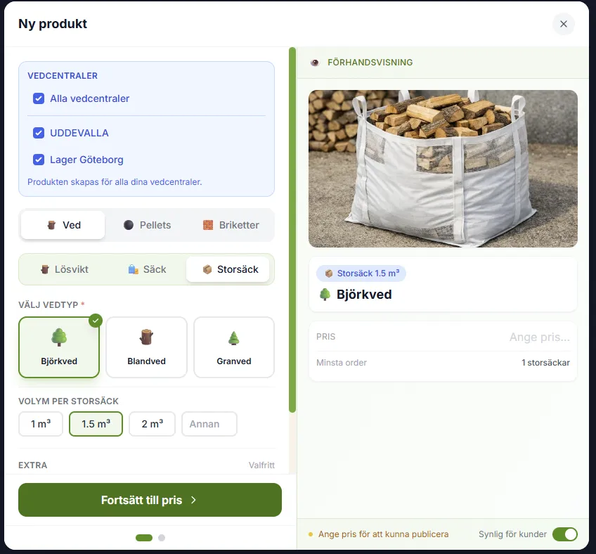 Produktskaparen med vedcentralväljare